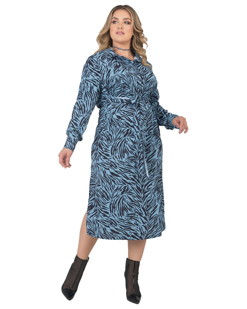 Front of a model wearing a size 1X Julia Midi Shirt Dress in Zebra Fever by Standards & Practices. | dia_product_style_image_id:280682